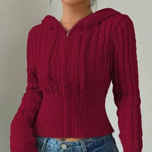 Red Casual Women's Plain Zippered Hooded Drawstring Cardigan